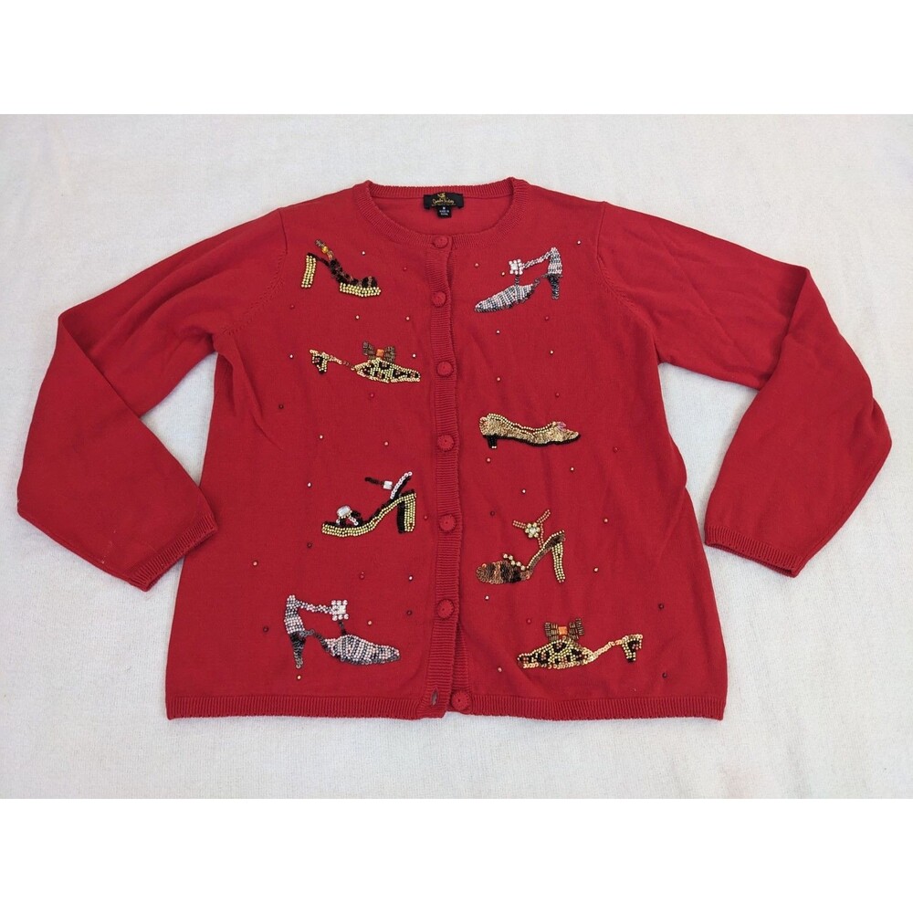 Special Quacker Factory Red Beaded Sequin Shoes Button Cardigan Sweater Medium